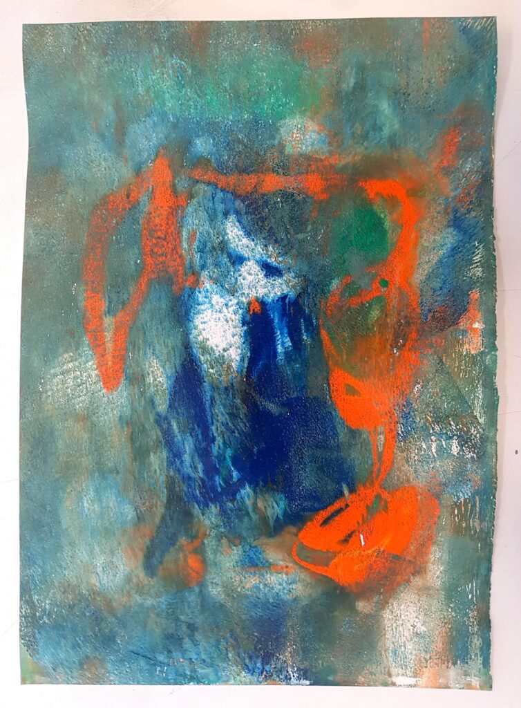 An abstract painting with energetic brush strokes